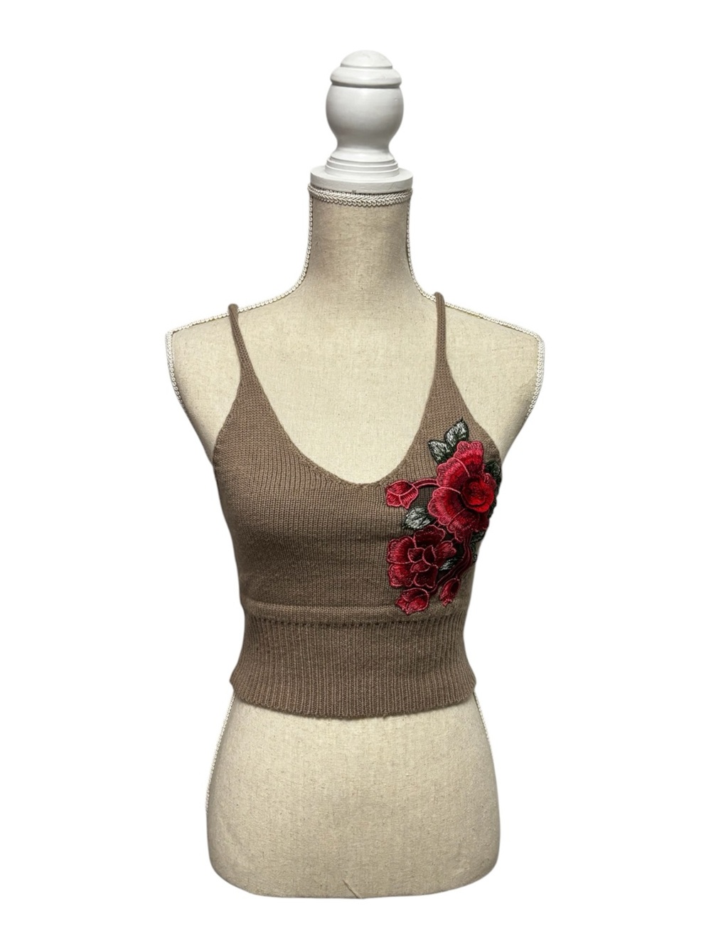 Brown Floral Applique Knit Crop Top